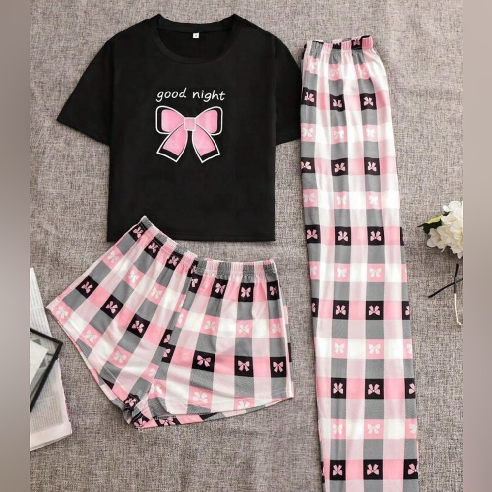 Bow Graphic Tee & Plaid Print Shorts & Pants PJ 3 piece set